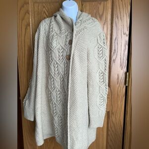 100% Merino Wool, Ireland, cable knit long cardigan.  Oatmeal.  XXL